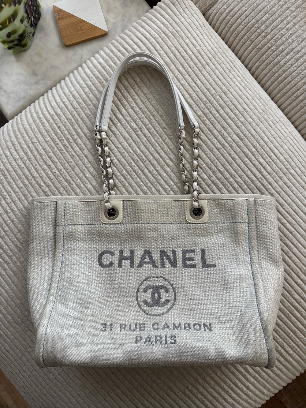 Authentic CHANEL Cream and Light Gray Canvas Deauville Tote with Chain-Strap